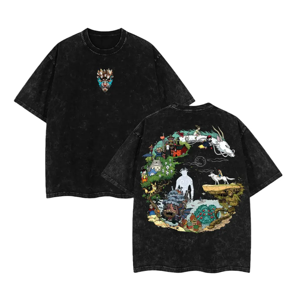 Vintage Spirited Away Acid Wash Graphic Tee, Studio Ghibli Mashup Oversized Heavyweight Cotton Shirt for Men & Women, Princess Mononoke Y2K Anime Streetwear Top