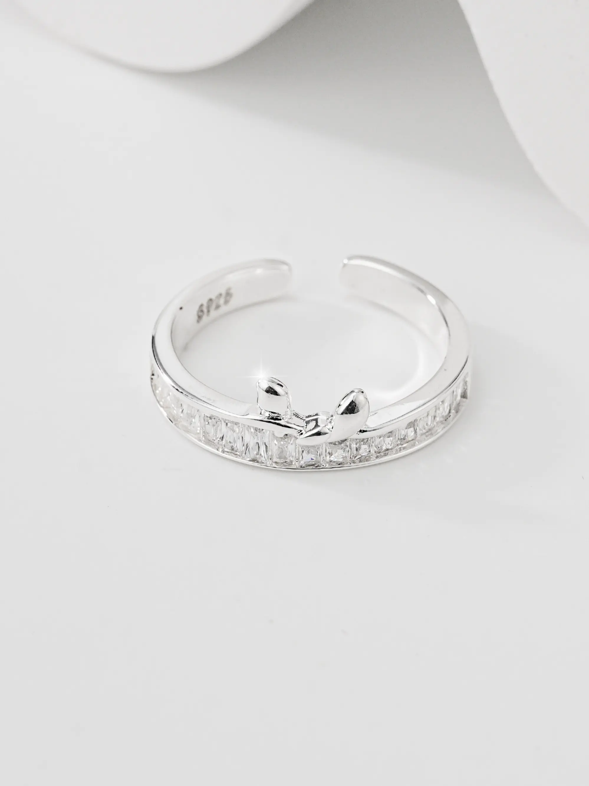 S925 Silver Rabbit Ear Open Ring, Hypoallergenic Adjustable Design, Cute Rhinestone Accent, Perfect for Daily Wear and Gifts