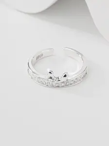 S925 Silver Rabbit Ear Open Ring, Hypoallergenic Adjustable Design, Cute Rhinestone Accent, Perfect for Daily Wear and Gifts