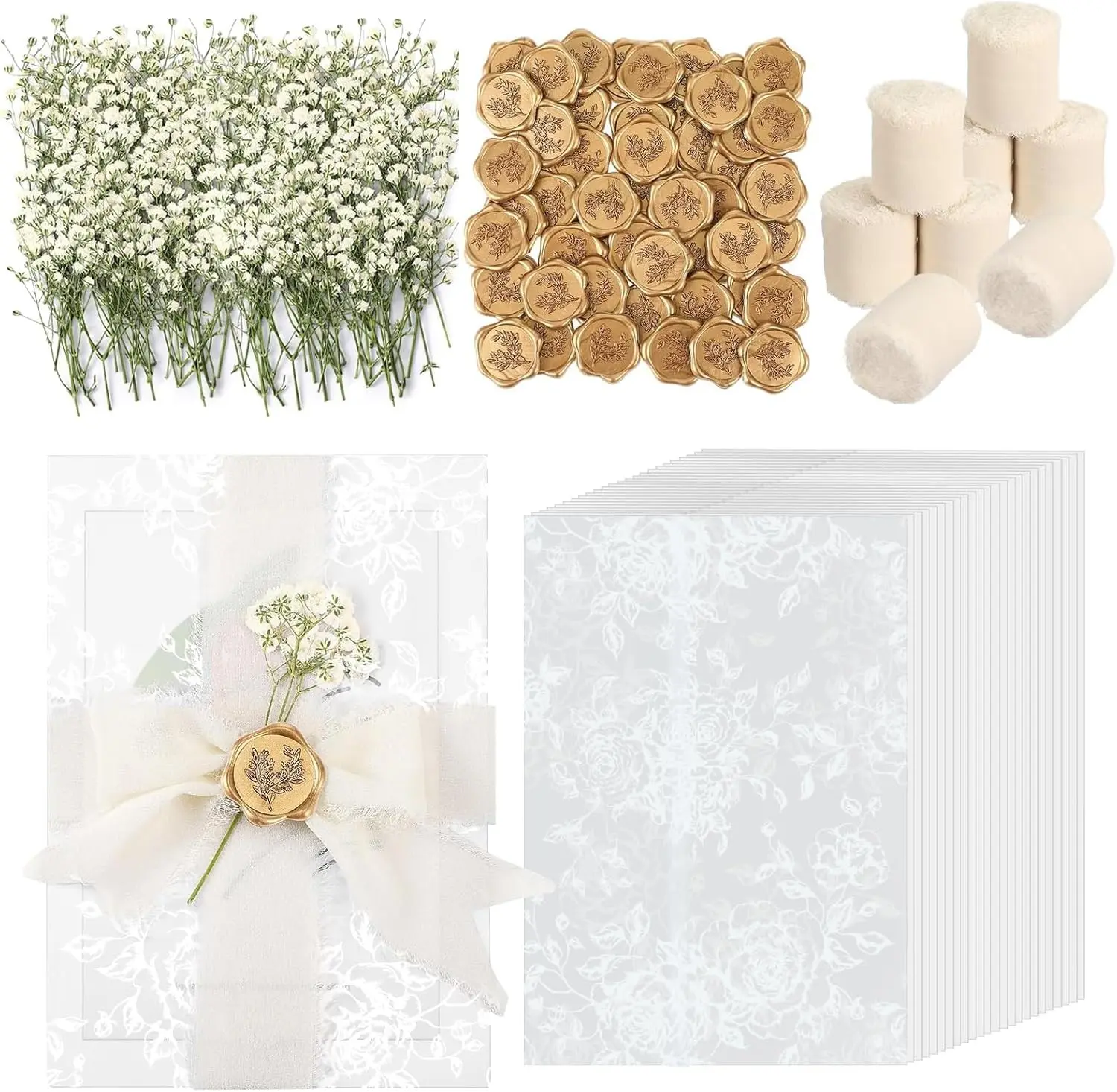 Wedding Invitation Accessories Kit, Pre-Folded Vellum Jackets for 5×7 Invitations with Wax Seal Stickers, Ribbon & Dried Flowers, Elegant Wedding Invitation Accessories for DIY Bridal Invites (White-Rose, 50)