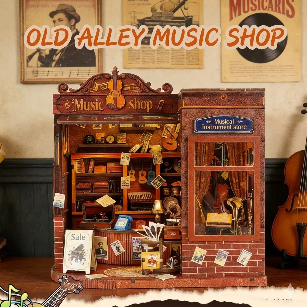 Vintage Music Shop Book Nook Kit, DIY 3D Decorative Wooden Bookshelf Insert, Cozy Miniature Room Decor Ornament, Aesthetic Desk Accessories, Home Decoration