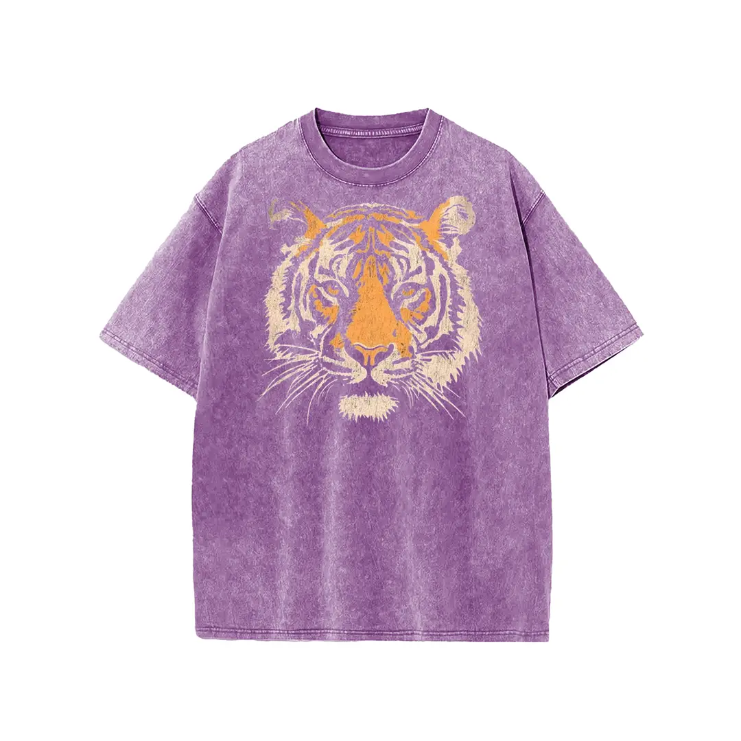 Digitex Unisex Acid Washed Tiger Graphic Tee, Vintage Animal Print Heavyweight Cotton Oversized Short Sleeve T-Shirt, Comfortable Round Neck Casual Top for Streetwear, Campus and Daily Wear