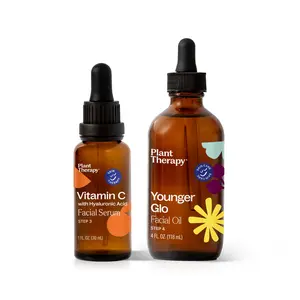 Plant Therapy Mini Facial Duo, Younger Glo Carrier Oil Blend 4 oz & Vitamin C Face Serum & Hyaluronic Acid, Anti-Aging Serum with Ferulic Acid, Vitamin E, Serum for Fine Lines & Wrinkles, 1 oz