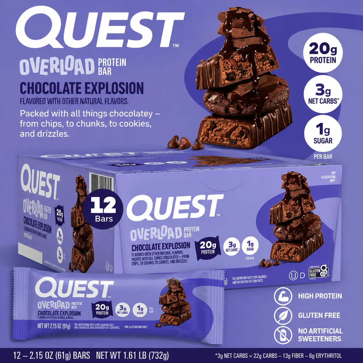 Quest Protein Overload Bar Chocolate Explosion 2.15 oz 12 Count High Protein Chocolate Snack Bars