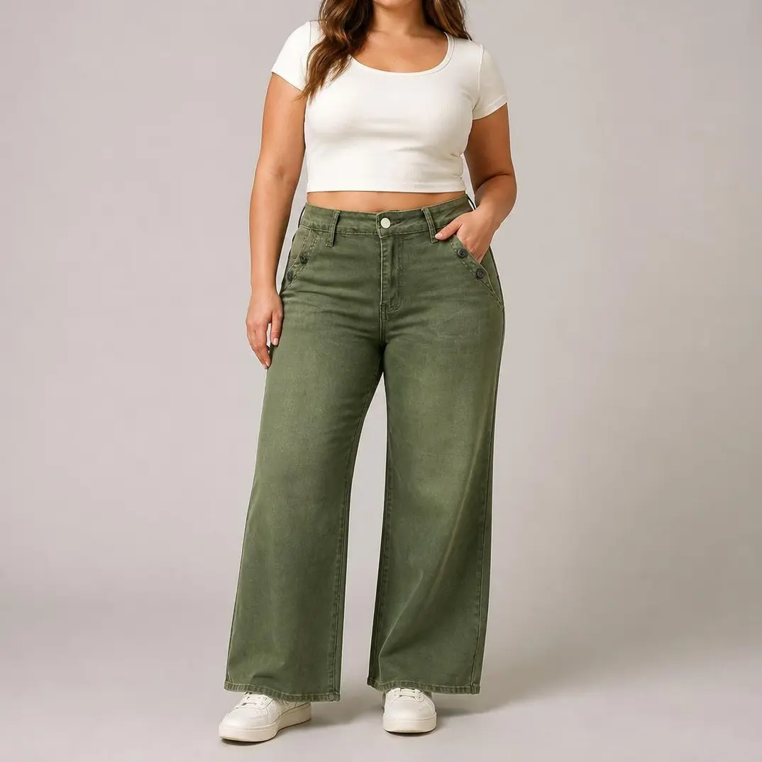 Women’s Vintage Olive Green Wide Leg Jeans, Relaxed Fit Washed Denim Pants with Button Pocket Detail