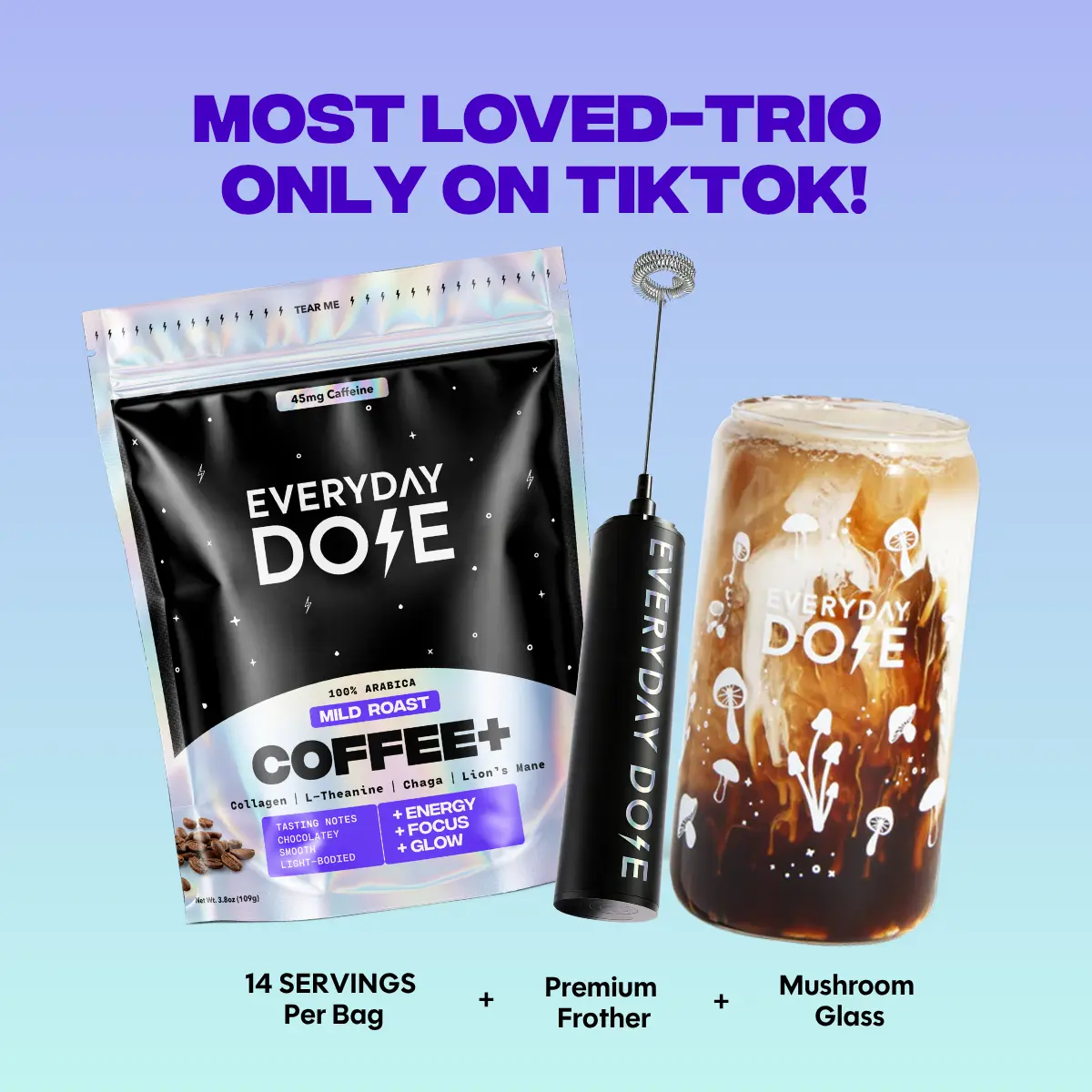 Everyday Dose Coffee+ Mild Roast 14 Serving Bundle with Frother & Mushroom Glass Everyday Dose Coffee+ Mild Roast 14 Serving Bundle with Frother & Mushroom Glass