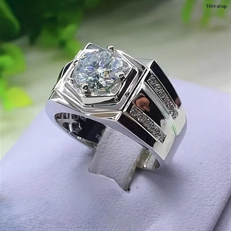Men's Luxury Hexagonal Setting Ring, Classic Vintage Wide Band Statement Ring with Round Cubic Zirconia for Wedding Party Daily Wear