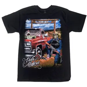 [SALE OFF 50%] Pacas De Kilo Chalino Sanchez Crewneck T-Shirt with Graphic Print Featuring Truck and Gun, Medium Fabric, Men's Streetwear Top