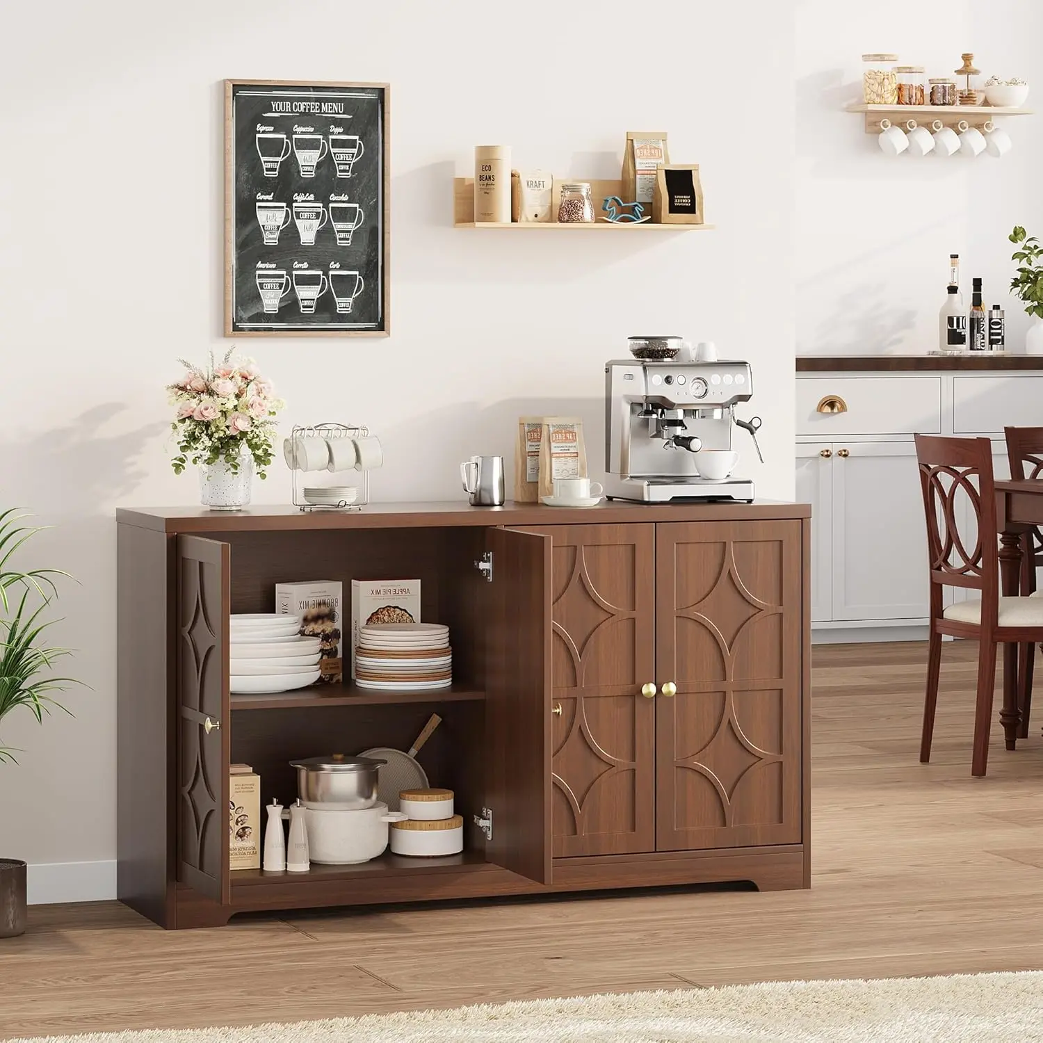56" Modern Brown Buffet Sideboard Cabinet - Adjustable Shelves, Durable Handle, Easy-Install, Large Capacity Credenza with 4 Doors, Wood Accent Console for Dining Room, Living Room, Adjustable Shelves Sideboards, Durable Handle Sideboards