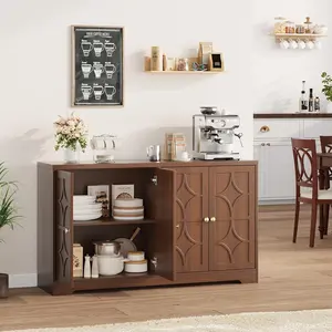 56" Buffet Sideboard Cabinet, Modern Credenza with 4 Doors and Adjustable Shelves, Wood Accent Cabinet Console Media for Entryway, Dining Room, Living Room, Kitchen, Brown