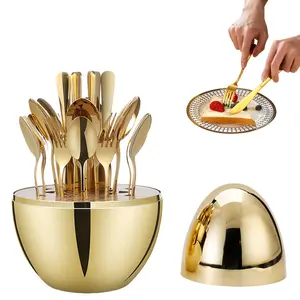 24-Piece Modern Dinnerware Set for 6, Premium 410 Stainless Steel Flatware with Egg-Shaped Storage Holder, Cutlery Set Including Forks, Knives, Spoons - Novelty Round Polished Metal Finish, Ideal for Holiday Celebrations
