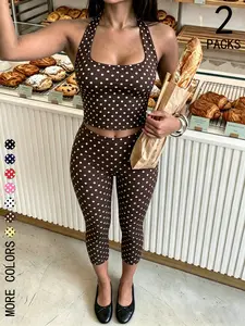 2 Pack Women's Polka Dot Halter Top and Capris Outfits, Boho Summer Outfits, Sleeveless Crop Top with High Waist Bodycon Capri Pants, Casual Streetwear Sets for Daily, Workout and Vacation Womenswear