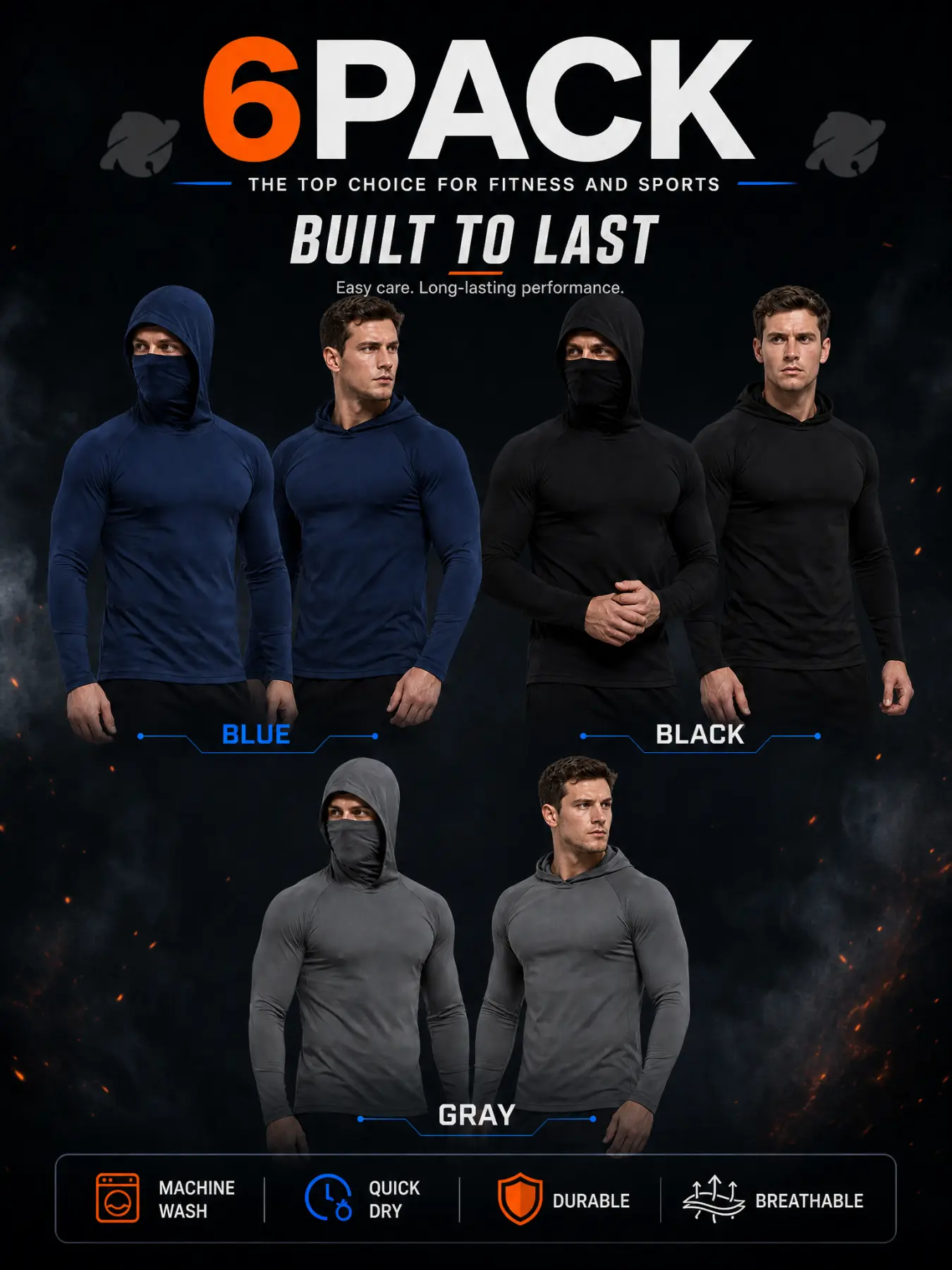 6 Pack Durable Men Compression Hoodie Shirts, Long Lasting Moisture Wicking UV Protection Raglan Sleeve Seamless Athletic Base Layer for Running Fitness Outdoor
