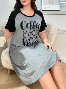Women's Plus Size Casual Letter Print Colorblock Shoulder Home Dress, Comfortable and Stylish Everyday Wear, Perfect for Relaxing at Home