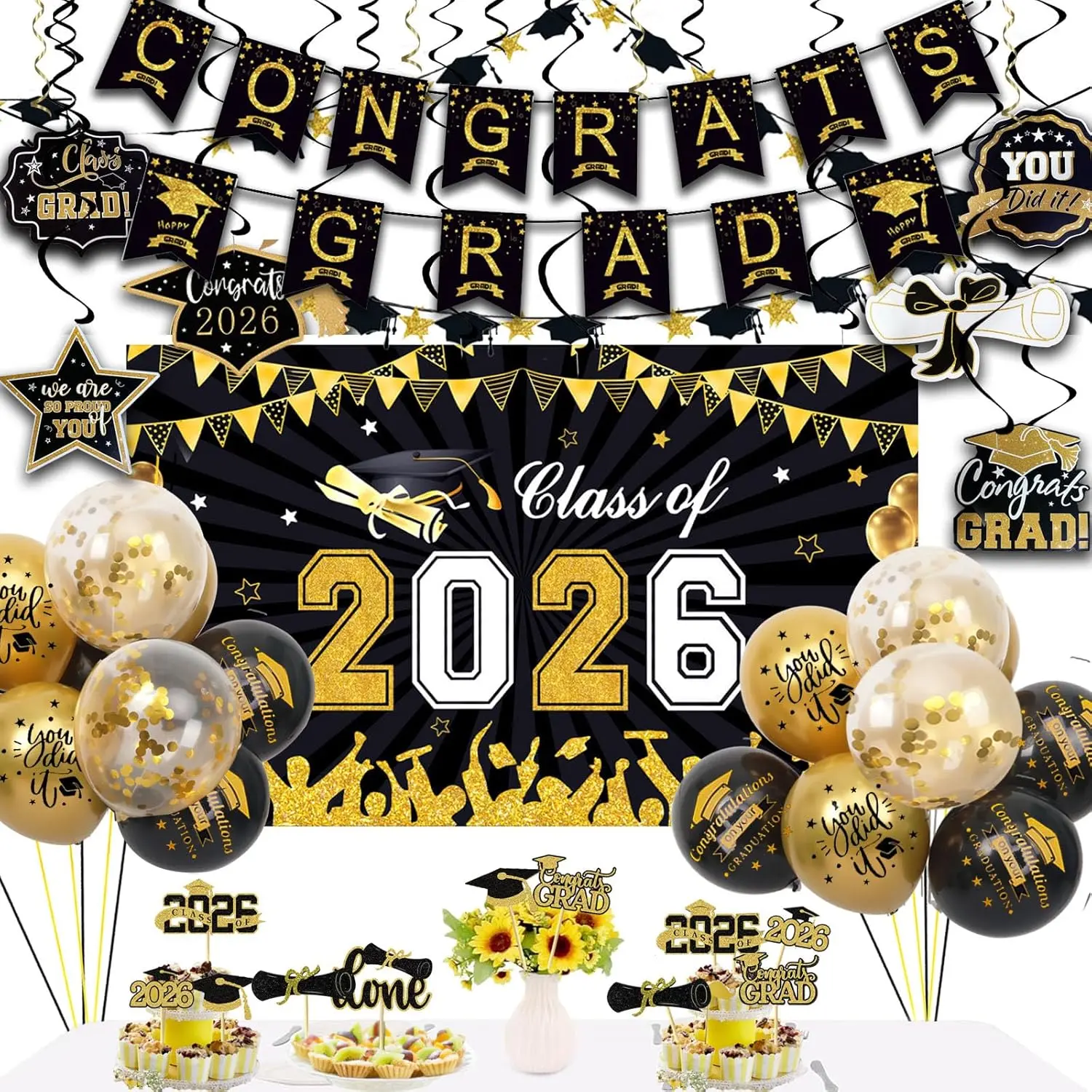 Graduation Decorations 2026 Set include Class of 2026 Backdrop, Congrats Grad Banner, Balloons and Cupcake Toppers for 2026 Balloons Graduation Party Supplies