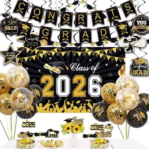 Graduation Decorations 2026 Set include Class of 2026 Backdrop, Congrats Grad Banner, Balloons and Cupcake Toppers for 2026 Balloons Graduation Party Supplies
