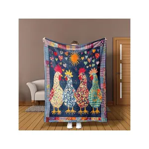 Farmhouse Chicken & Hen Plaid Patchwork Bedspread - Soft Flannel All-Season Cozy Bed Cover, Rustic Brown/Blue/Green/Pink/Beige Tones, Thick Warm Bedspread For Couch, Sofa, Or Bed - Contemporary Boho Blanket-30*40in