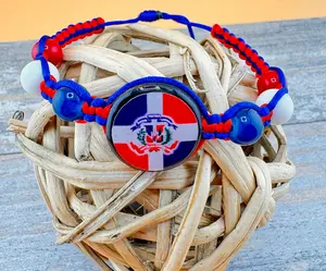 Dominican Pride Multicolors Flag Bracelet - Adjustable 8mm Glass Beads Macrame Cord & Satin Rat Tail Cord for Everyday Wear