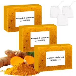 3-Piece Lemon Turmeric Curcumin Soap Set, Brightening Curcumin Granules, Radiant, Body & Face Care, Unisex Skin Cleanser, Includes Soap Sponge Net, Turmeric Brightening Bar