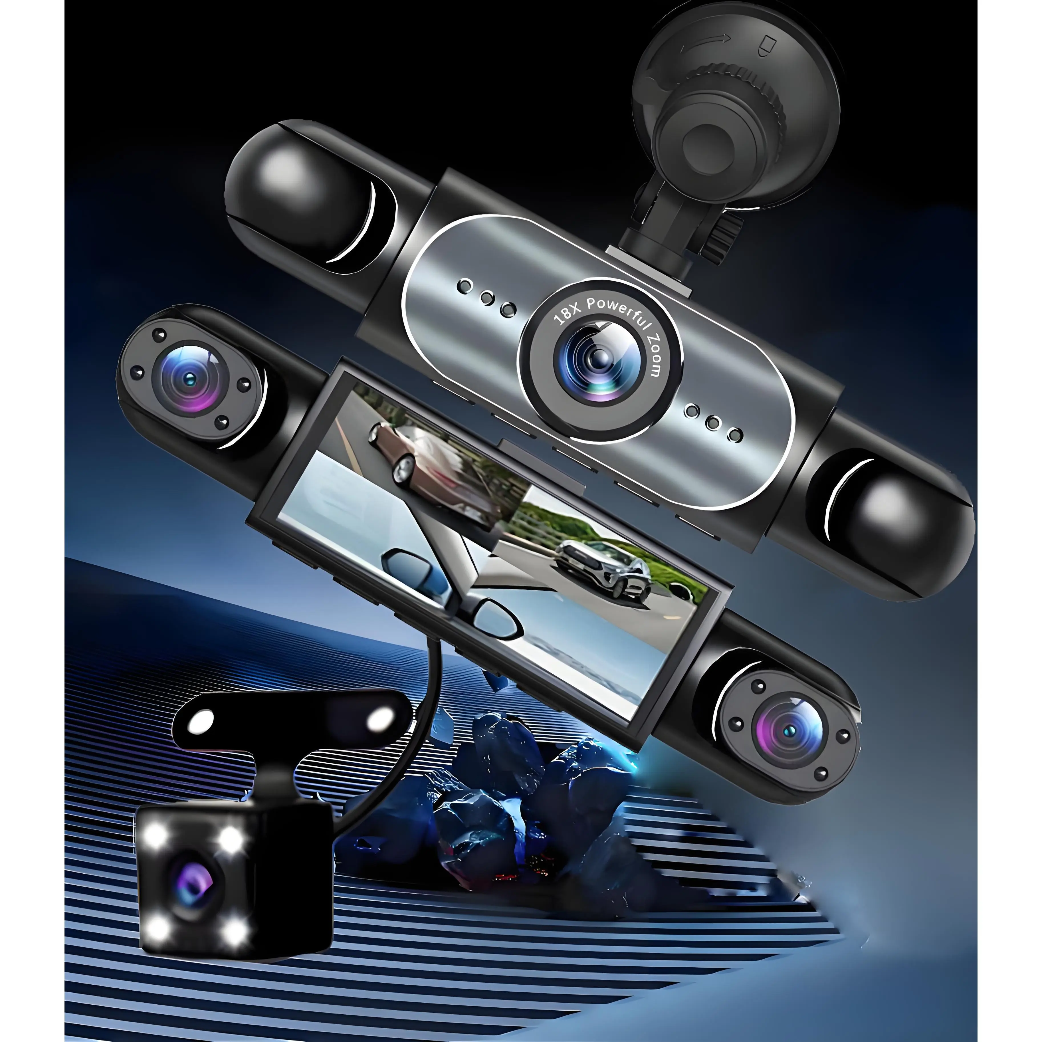 4-Channel 1080P Car DVR Dash Cam with 4 Lenses, Adjustable Bracket, Crash Lock, 64GB Card, Night Vision, Crisp Cabin Imaging for Commercial Fleet, Families, Lyft Drivers, Taxi, Uber Drivers