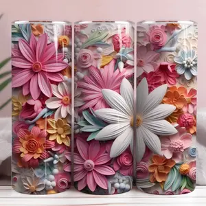 3D Pink And White Flowers Tumbler