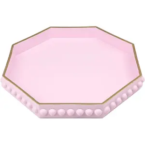 Pink Serving Tray for Coffee Table, Octagonal Beaded Plastic Decorative Tray for Ottoman, Kitchen Counter, Living Room