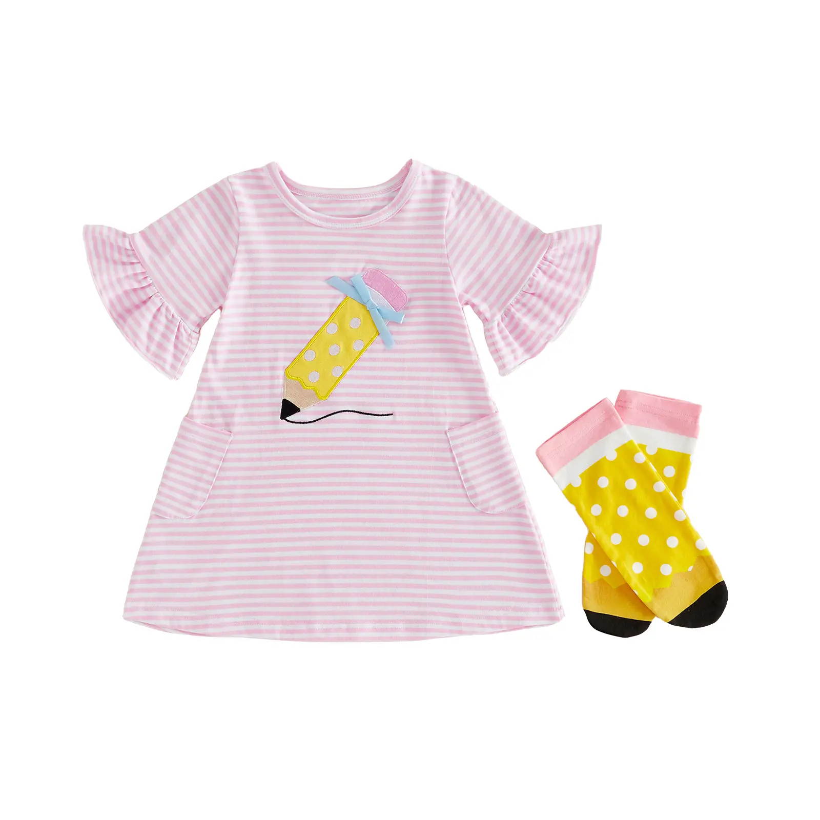 Toddler Baby Little Girl Back to School Dress Pencil Embroidery Flare Short Sleeves Stripe A Line Dress 3-9 Years