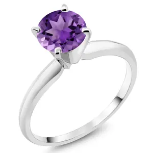 Gem Stone King 14K White Gold Purple Amethyst Solitaire Engagement 4-Prong Ring For Women | 1.00 Cttw | Round 6MM | Gemstone February Birthstone