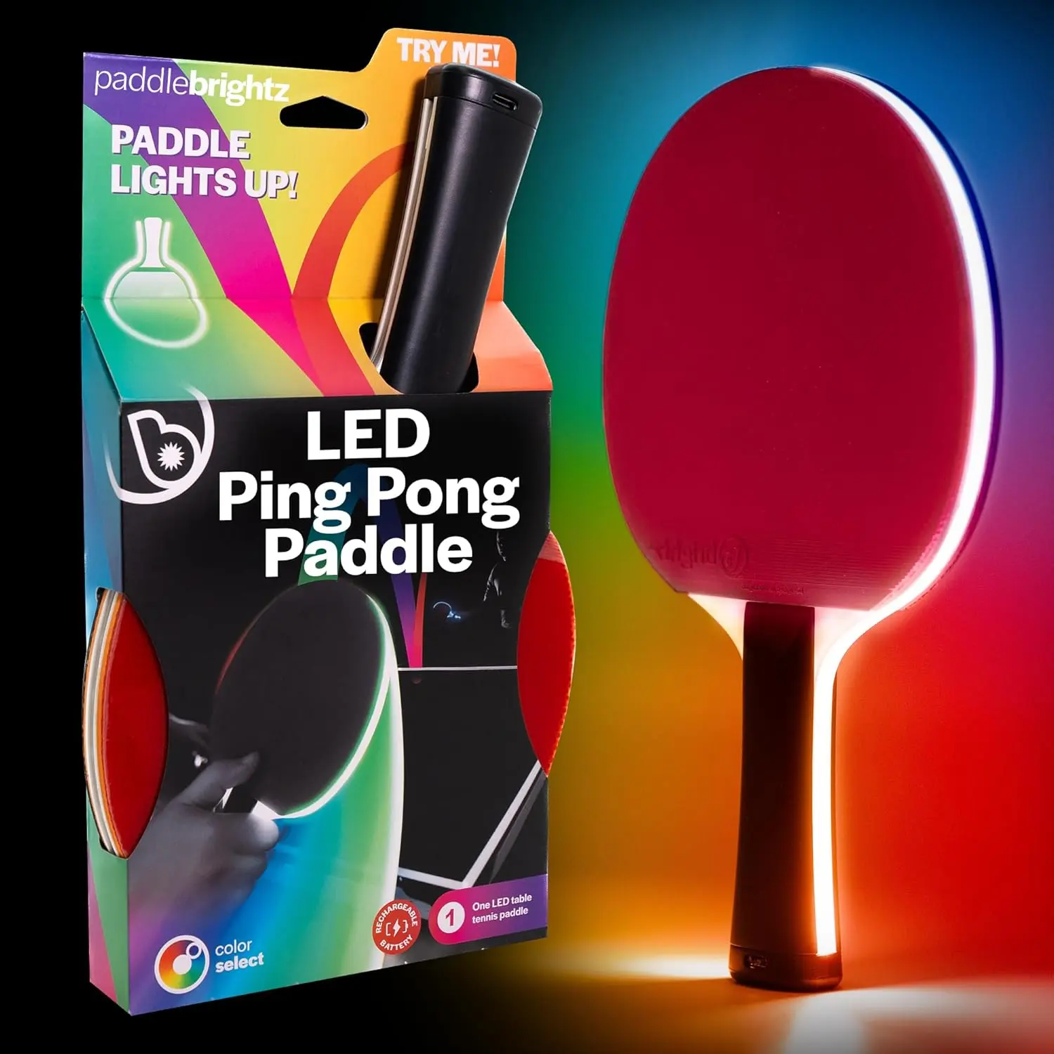 Brightz LED Ping Pong Paddle - Color Select Feature & Rechargeable Battery - USB-C Port - Comfortable Grip