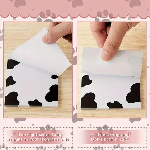 Cute Cow Print Notes Set, 2 Pieces, Pack of Two, 50 Pages Per Piece, Self-Adhesive Sticky Notes, School Office Home Notebook Supplies, Stationery, Cute Cow Design