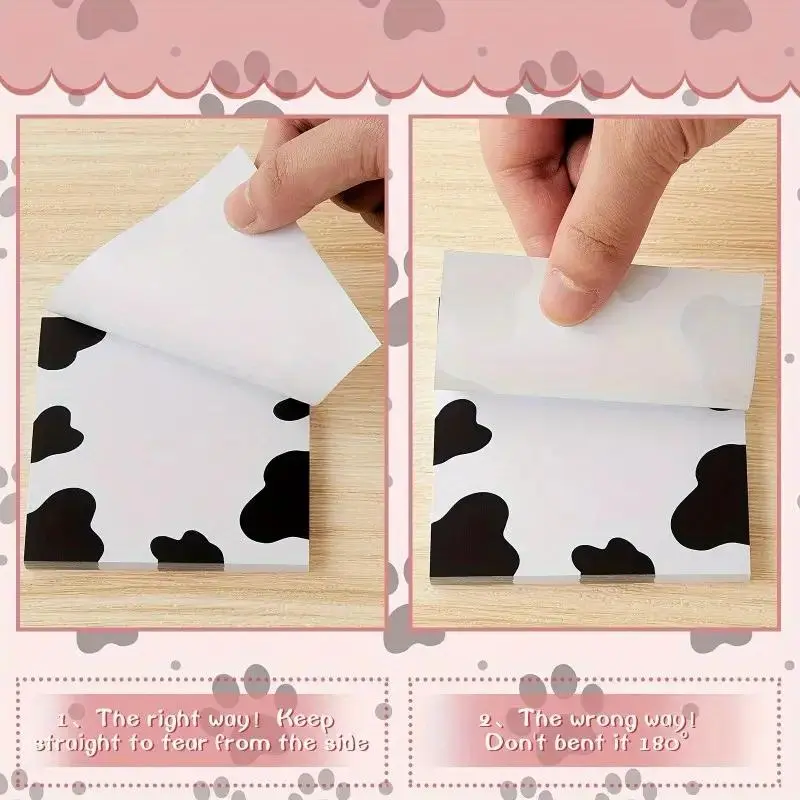 Cute Cow Print Notes Set, 2 Pieces, Pack of Two, 50 Pages Per Piece, Self-Adhesive Sticky Notes, School Office Home Notebook Supplies, Stationery, Cute Cow Design