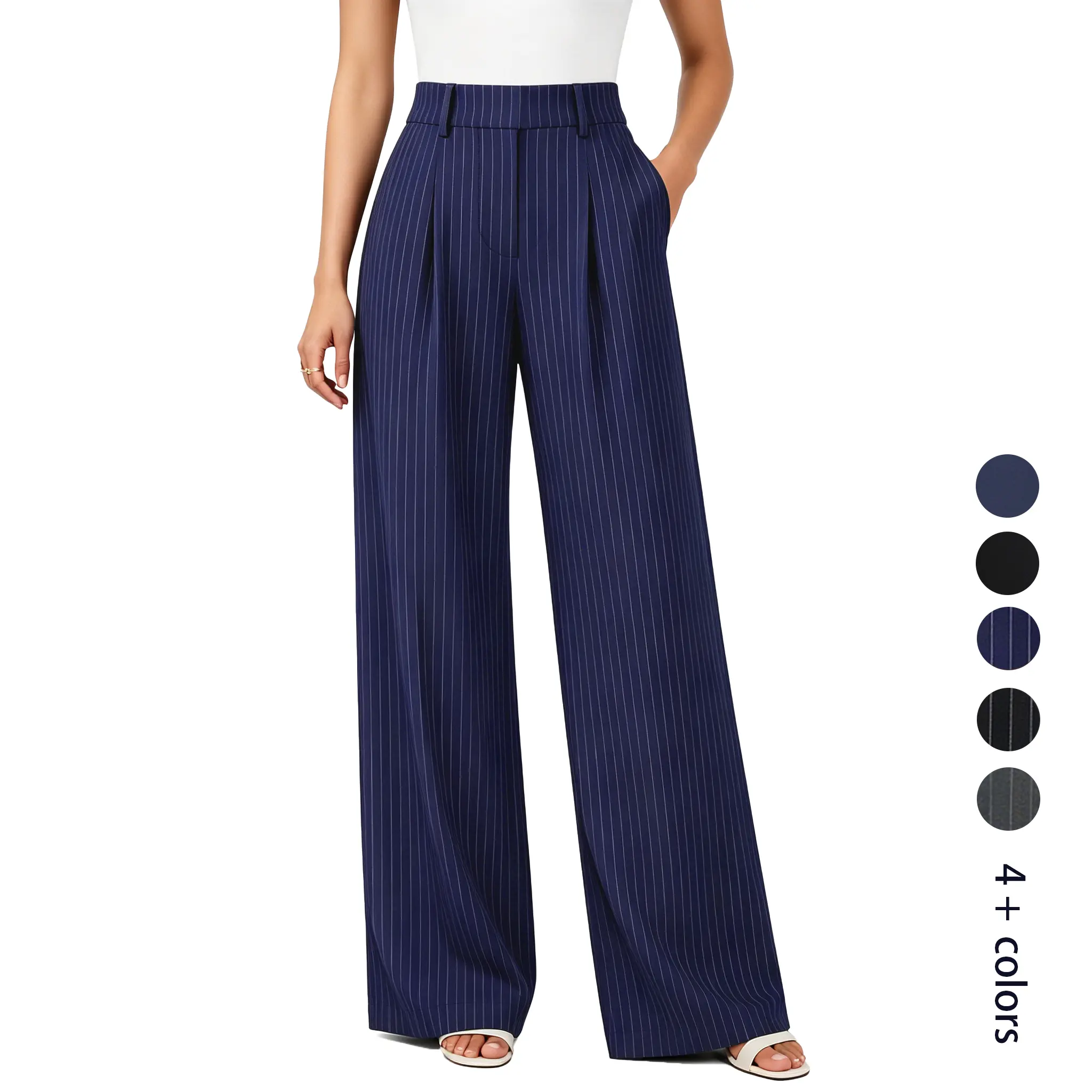 Womens Straight Leg Pants Stretchy High-Waisted Wide-Leg Dress Pants Business Casual Work Trousers Elegant Pinstripe Slacks