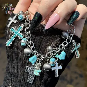 Handmade Vintage Ethnic Cross Pendant Bangle, Western Cowboy Turquoise Beads OT Buckle Bracelet, Bohemian Chic Beach Vacation Gift (Western Stuff for Sports & Outdoor, Camping & Hiking, Picnicware Enthusiasts)
