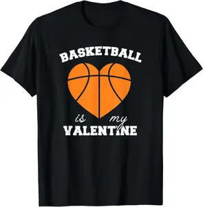 100% Cotton Threadrock Basketball Is My Valentine T-Shirt - Women's Unisex Classic Fit Black Short Sleeve Heart Shaped Basketball Valentine's Day T-Shirt