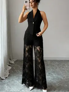 Women's Simple Business Style Set, Lace Patchwork Vest + Wide Leg Pants, Casual Two-Piece Summer M2651#, Elegant and Comfortable