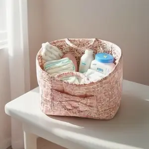 Quilted Vintage French Country Square Storage Basket, Space-Saving Home Organizer for Laundry Hamper or Nursery Organization