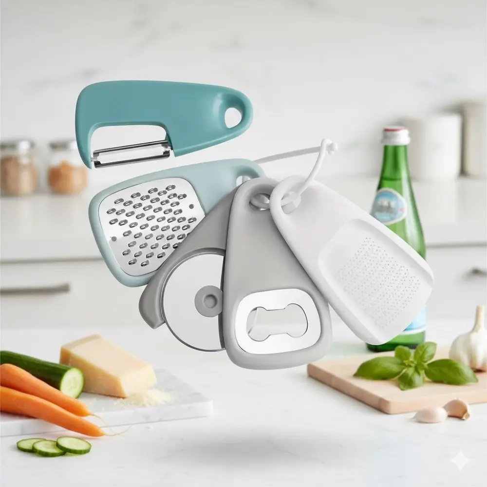 Compact 5-in-1 Camping Kitchen Set: Foldable Stainless Steel Multi-Tool with Cheese Grater, Pizza Cutter, Bottle Opener, Peeler, and Garlic Grinder. Portable Space-Saving Design for Outdoor Cooking & Travel.