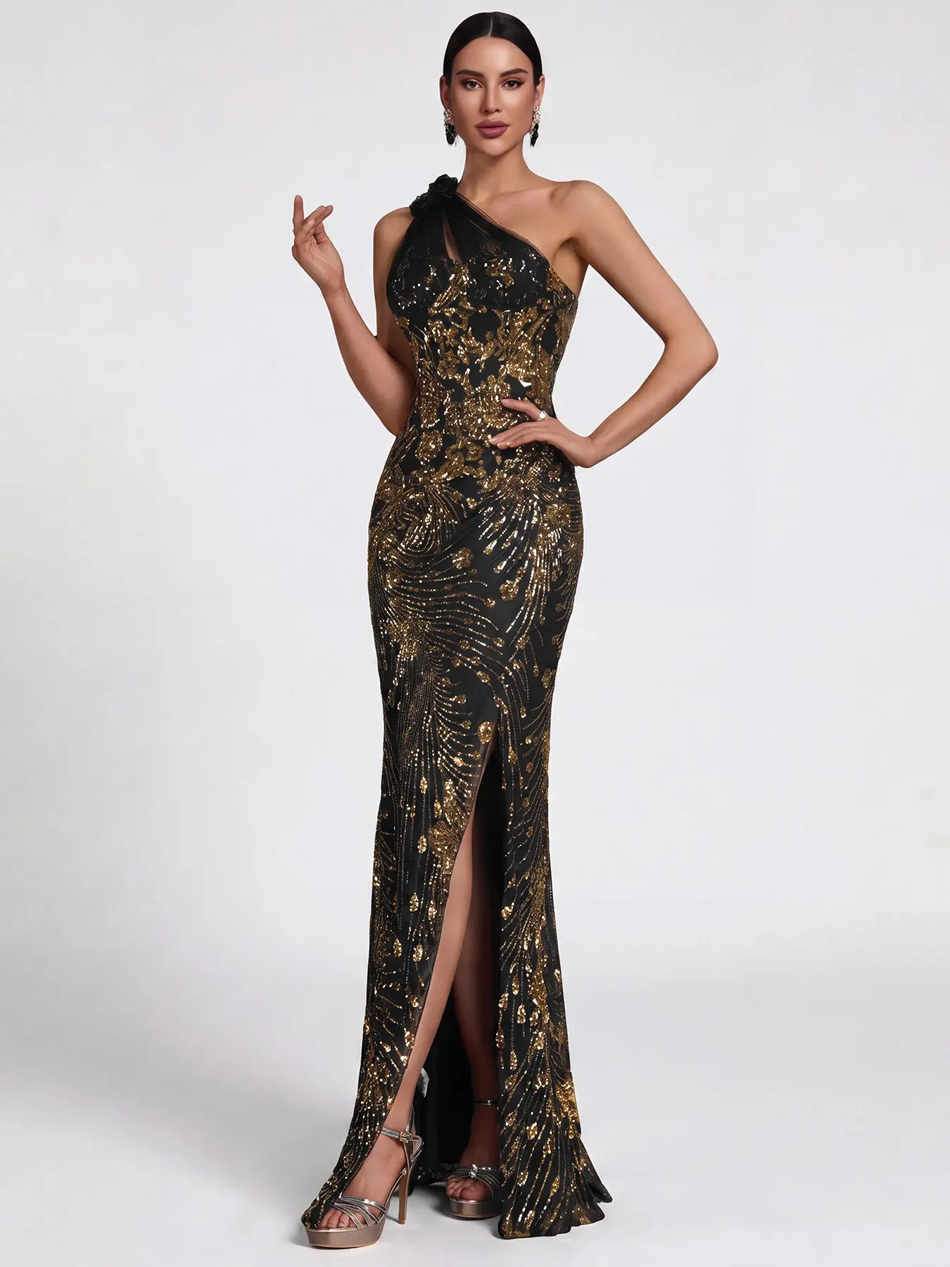 BluePlum Lady's Formal Wear Black Gold Asymmetric Single-Shoulder Fishtail Evening Gown, Sparkly Metallic Gold Sequin, Side Slit, Boning Structure, 3D Floral Gradient Pattern, Off-Shoulder A-Line Design, Glitter for Red Carpet, Banquet - BluePlum Lady's Formal Wear Black Gold Asymmetric Single-Shoulder Fishtail Evening Gown, Sparkly Metallic Gold Sequin, Side Slit, Boning Structure, 3D Floral Gradient Pattern, Off-Shoulder A-Line Design, Glitter for Red Carpet, Banquet -