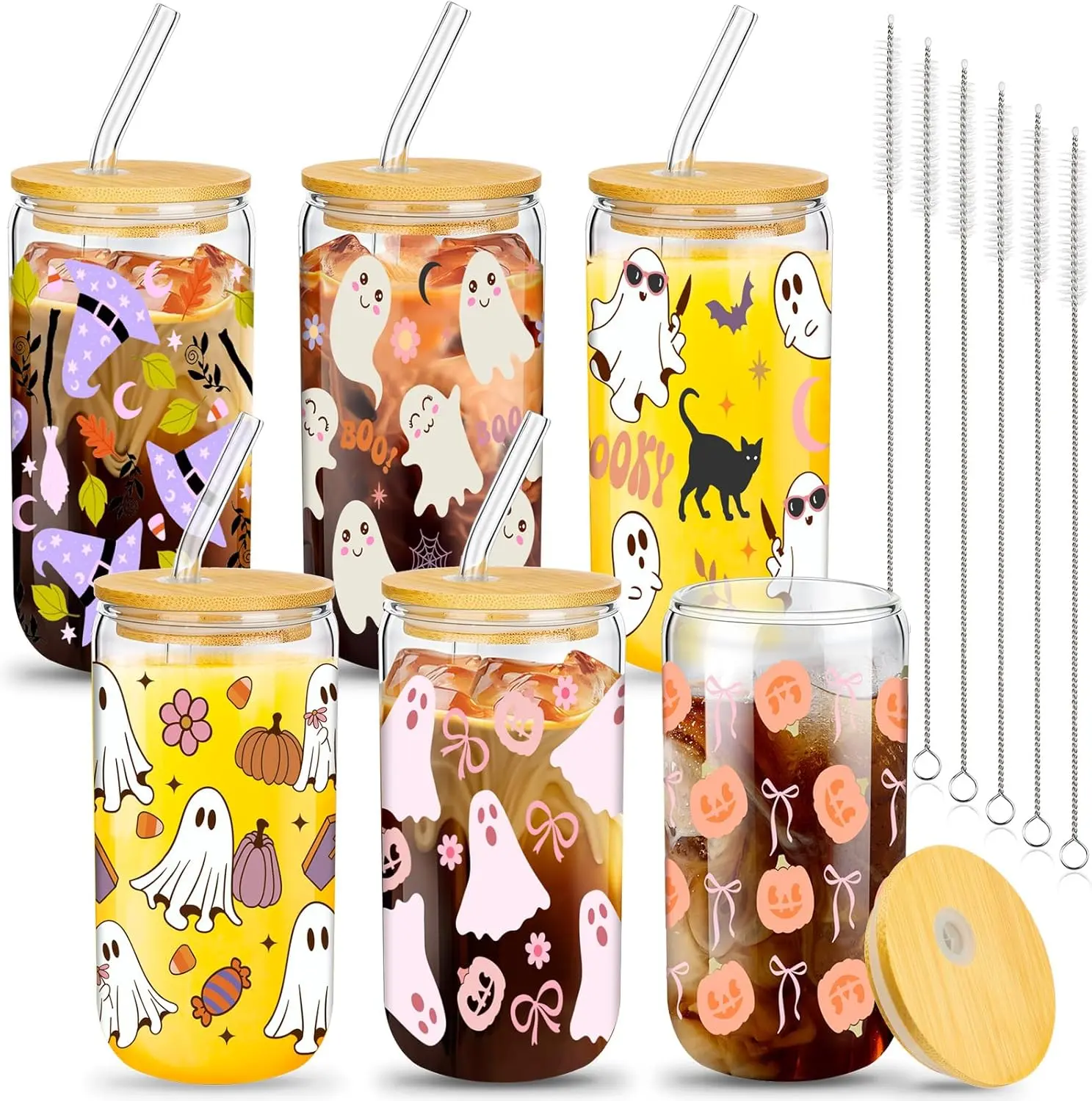 6 Pcs Halloween Glass Cups 16 oz Iced Coffee Cups Pumpkins Bat Ghost Beer Tumblers with Lids and Straws Spooky Mug Mason Jar Glass for Halloween Party(Classic Style)