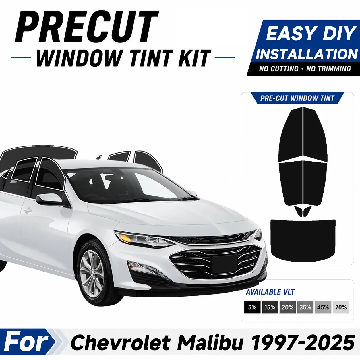 Automotive Custom Size Precut Window Tint - Easy to Apply Installation Pre Cut Tint Kit, Sun protection UV Protection & Car For Chevrolet Malibu 1997-2025