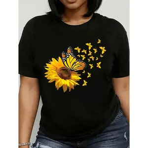 Women's Short Sleeve Round Neck TShirt Semi Sheer Blouse Featuring Sunflower and Butterfly Print Casual Line Top