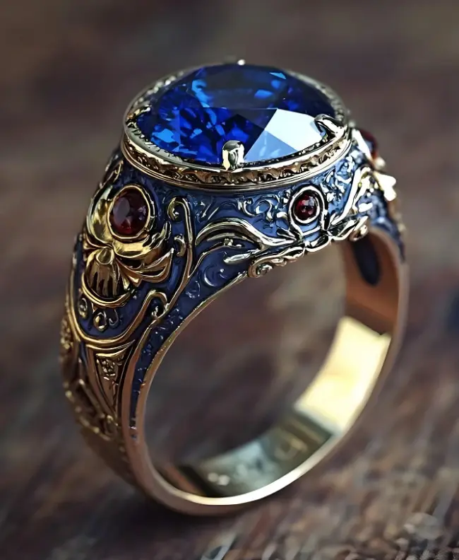 1PC Vintage Royal Blue Gemstone Statement Ring for Men – Engraved Gothic Medieval Signet Ring, Wedding Engagement Party Fashion Jewelry Gift