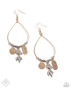 Lucky Lure - Multi Metal Gold Wire Teardrop with Circular and Oval Discs with Rhinestones and a Silver Fish and Silver Beads Hook Earrings