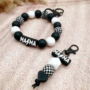Mama Keychain Wrist Key Chain Black White and Checkered Rubber Beaded - Phone Accessories keychains keychain  bundle  set