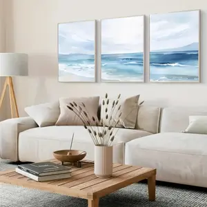 3pcs Wooden Frame Sea Wave Ocean Skyline Photography Poster, Blue Beach Landscape Canvas Art, Modern Minimalist Design Living Room Home Decor, Bedroom Wall Hanging