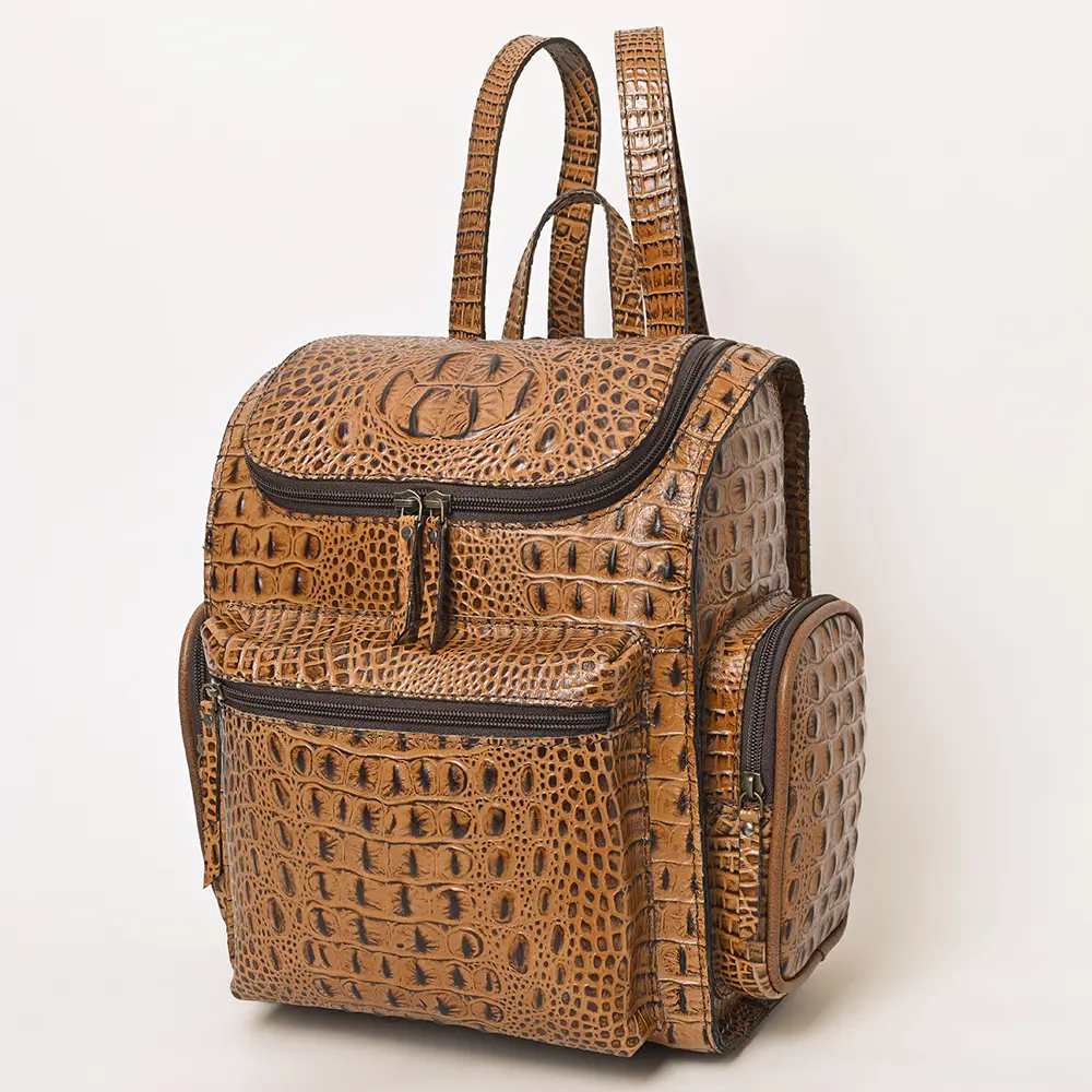 American Darling Backpack Crocodile Embossed Genuine Leather Western Women Bag Handbag Purse Brown | for Laptop School