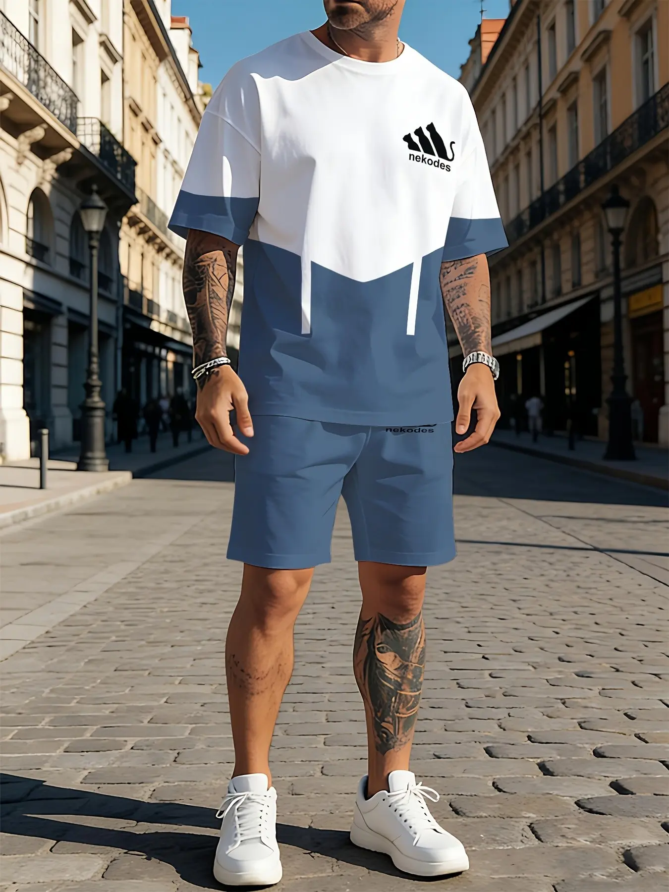Men's Sporty Casual Set: Kitten Print Short-Sleeve T-Shirt and Drawstring Shorts Two-Piece Set - Stylish and Versatile Men's Suit