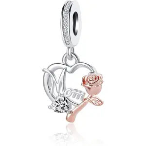 Mom Charm Compatible with Pandora Bracelet Women Rose Gold Flower Love Heart Dangle Mother Bead from Daughter Son Birthday