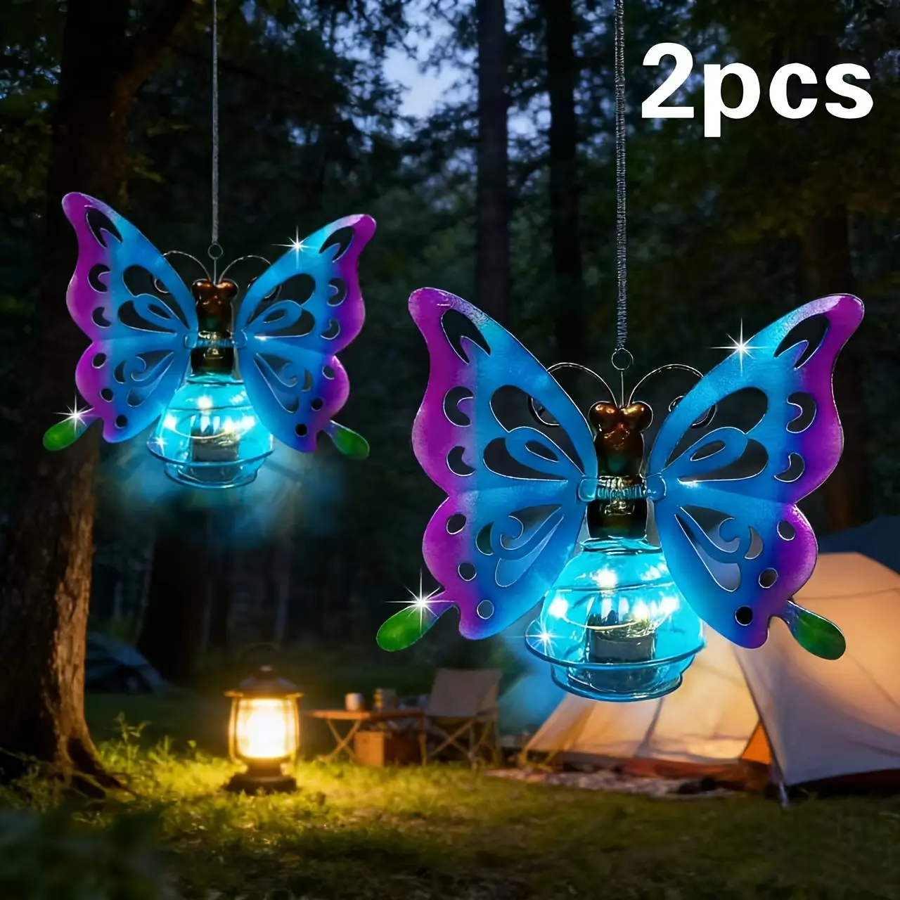 Solar Butterfly Hanging Lights Outdoor, 2 Pack Metal Butterfly Solar Lanterns with Glass Lamp, Waterproof Decorative Garden Lights for Tree Porch Patio