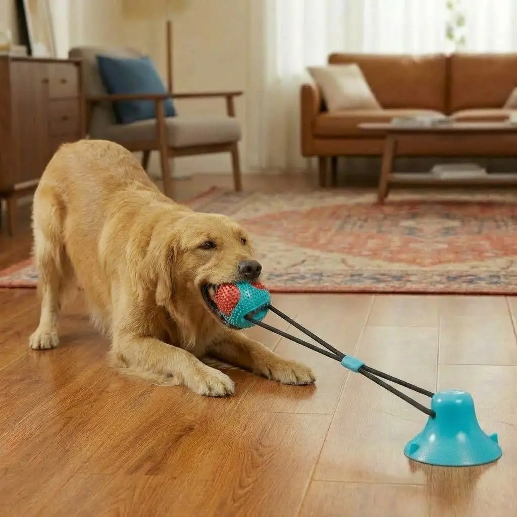 Interactive Suction Dog Toy, Interactive Tough Chewer, Durable Chew Ball with Bell, Treat Dispenser, Sound Feature, Training & Pull Game, Essential Pet Fun Gear